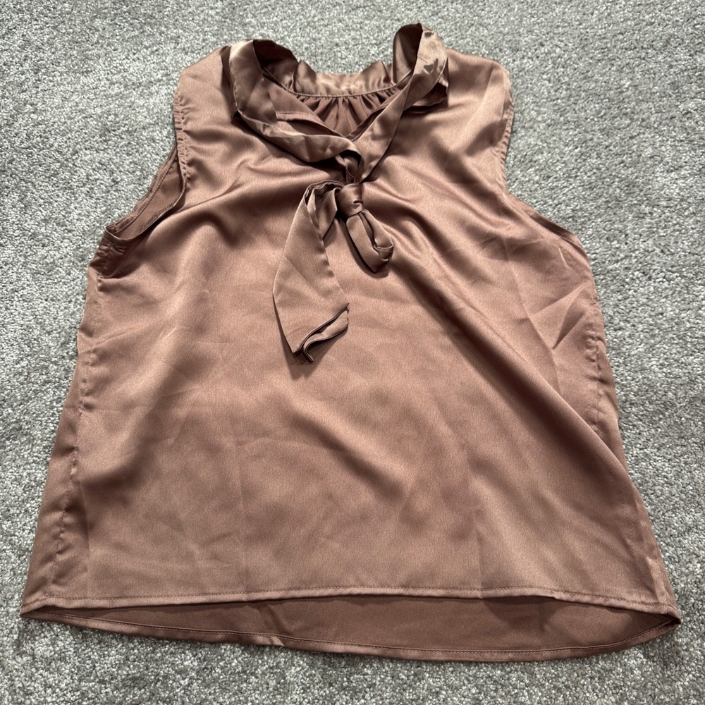 SHEIN Blouse Women S Brown Satin Office Career Tie Neck Sleeveless Top Elegant